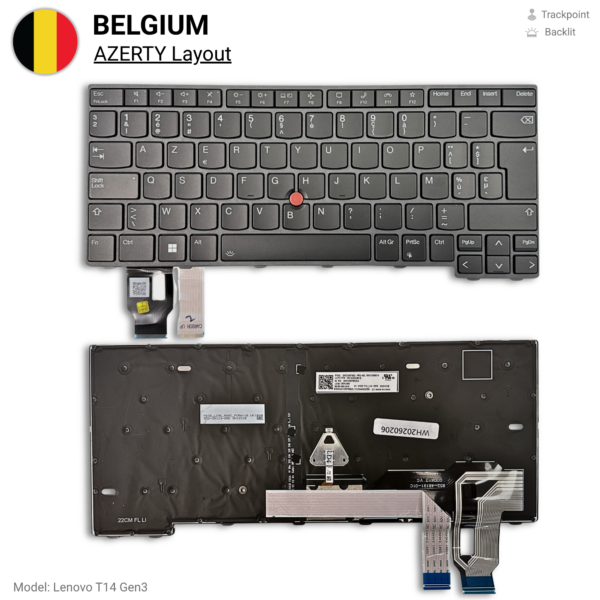 Lenovo ThinkPad T14 Gen 3 Toetsenbord AZERTY BE met Backlight — vooraanzicht Lenovo ThinkPad T14 Gen 3 Toetsenbord AZERTY BE met Backlight — vooraanzicht