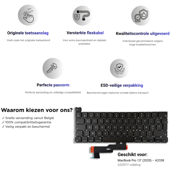 A2338 – MacBook Pro 13″ (2020, M1) Toetsenbord AZERTY BE — detail van de toetsen