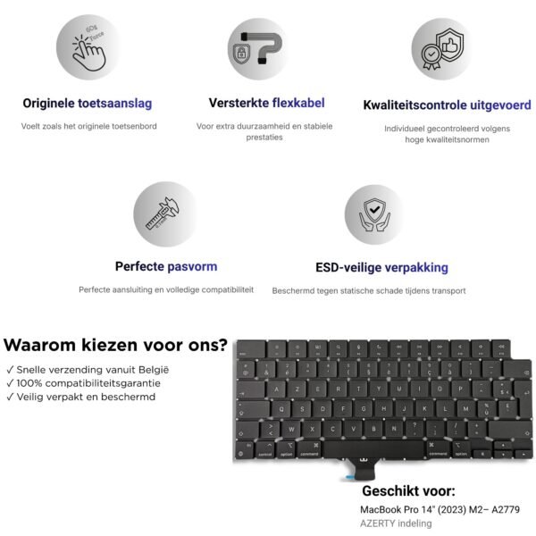 A2779 – MacBook Pro 14″ (2023, M2) Toetsenbord AZERTY BE — detail van de toetsen
