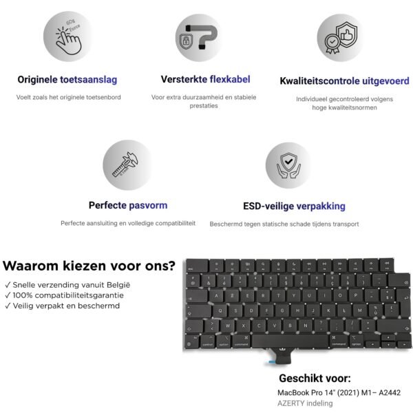 A2442 – MacBook Pro 14″ (2021, M1) Toetsenbord AZERTY BE — detail van de toetsen