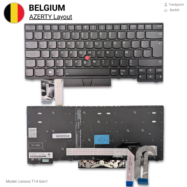 Lenovo ThinkPad T14 Gen 1 Toetsenbord AZERTY BE met Backlight — vooraanzicht Lenovo ThinkPad T14 Gen 1 Toetsenbord AZERTY BE met Backlight — vooraanzicht