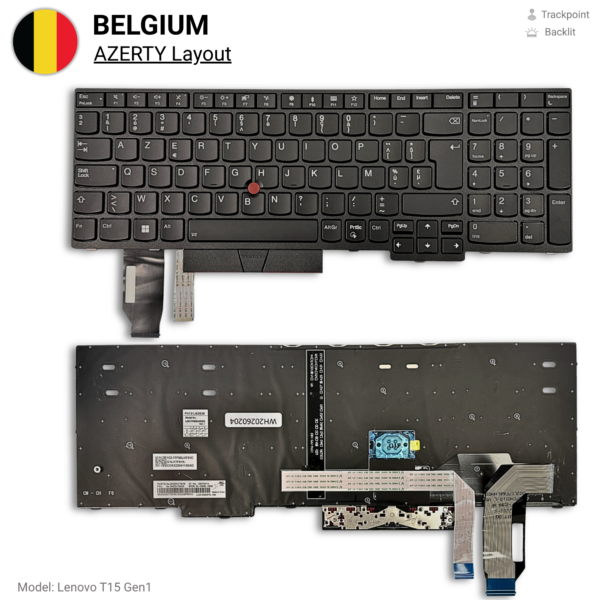 Lenovo ThinkPad T15 Gen 1 Toetsenbord AZERTY BE met Backlight — vooraanzicht Lenovo ThinkPad T15 Gen 1 Toetsenbord AZERTY BE met Backlight — vooraanzicht