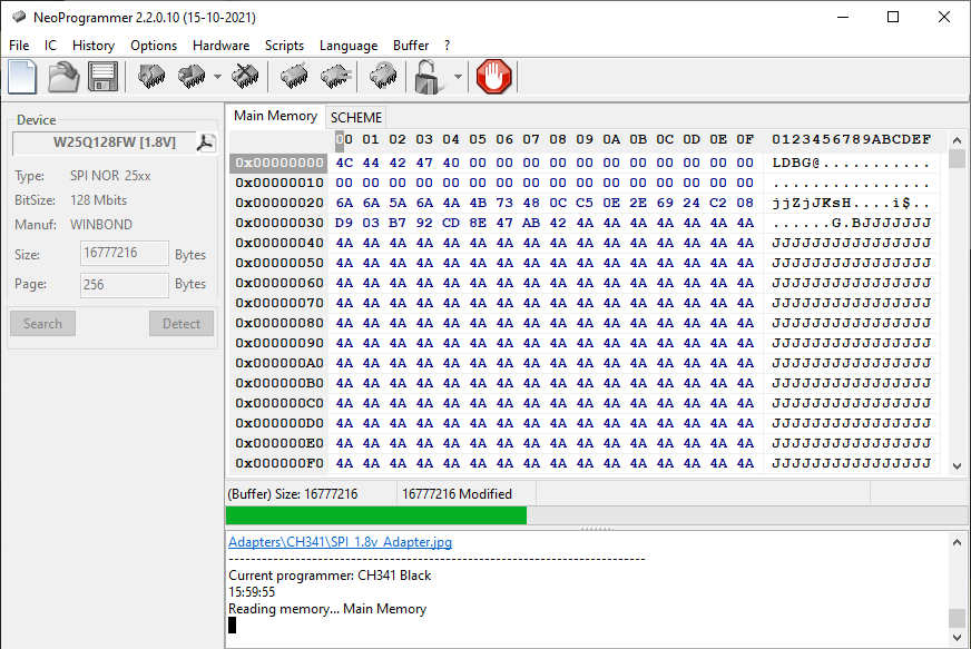 NeoProgrammer leest de Winbond W25Q128FW BIOS-chip uit via een CH341-programmer
