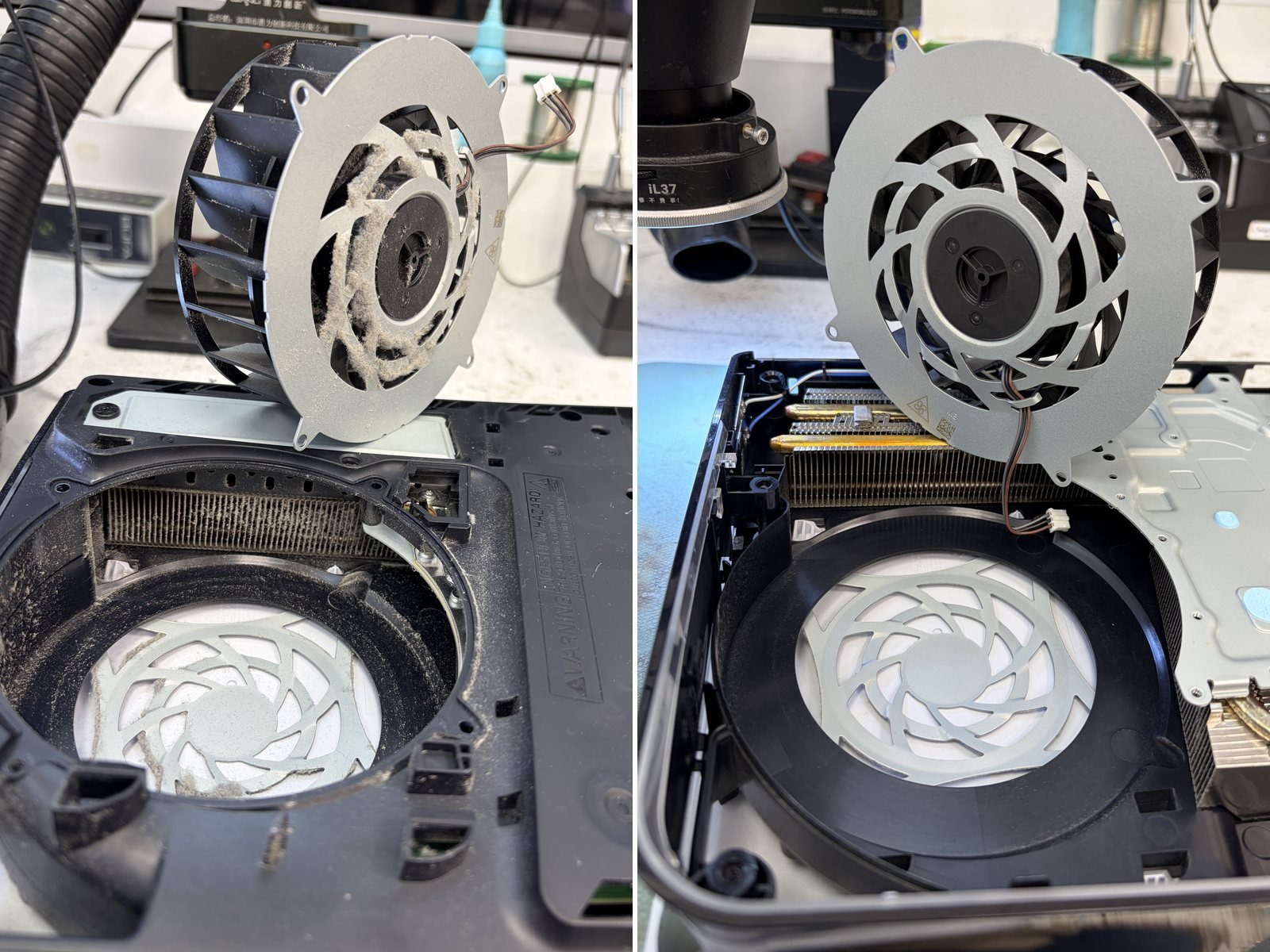 PlayStation 5 ventilator voor en na professionele interne reiniging