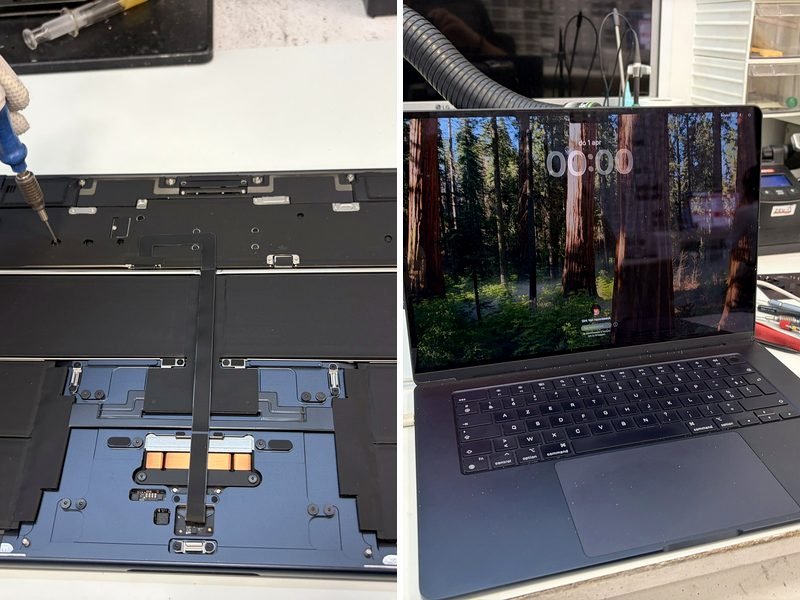 MacBook Air open op de werkbank en hersteld en werkend
