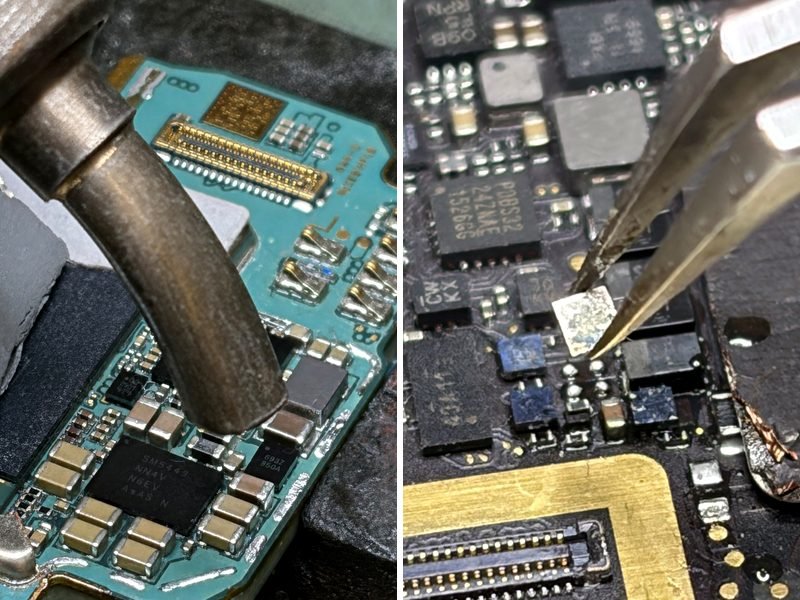 Microsoldeerwerk op een moederbord en het vervangen van een component