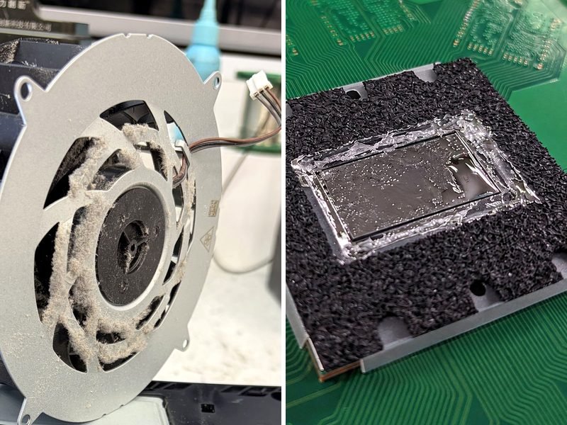 PlayStation 5 ventilator vol stof en vloeibaar metaal op de chip