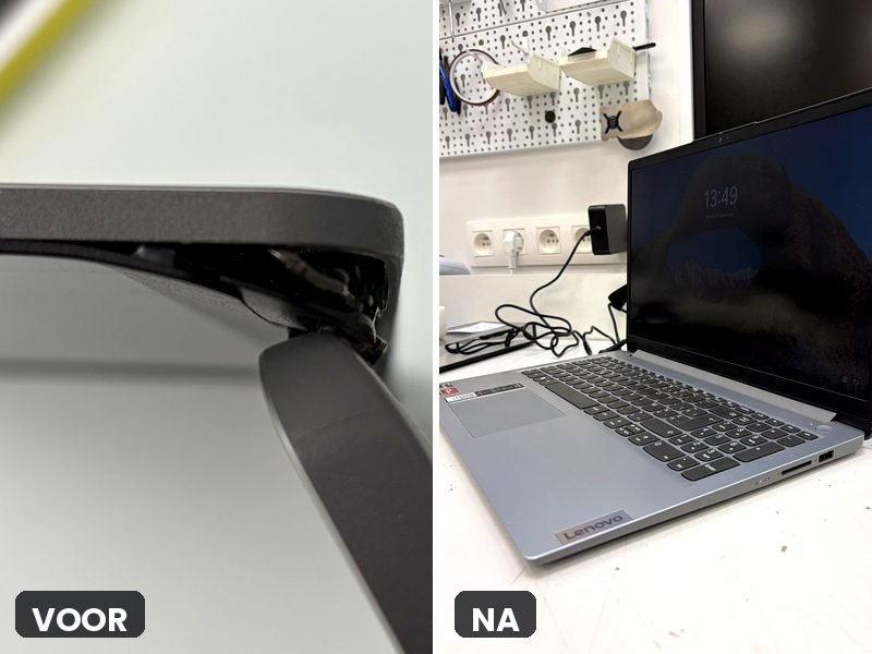 Gescheurde behuizing bij het scharnier en de laptop na de herstelling