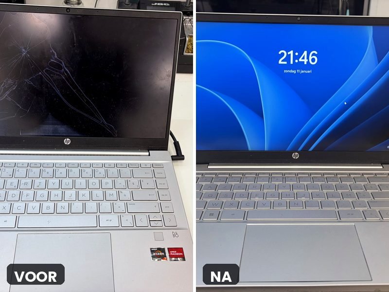 Gebarsten laptopscherm voor de herstelling en het nieuwe scherm erna
