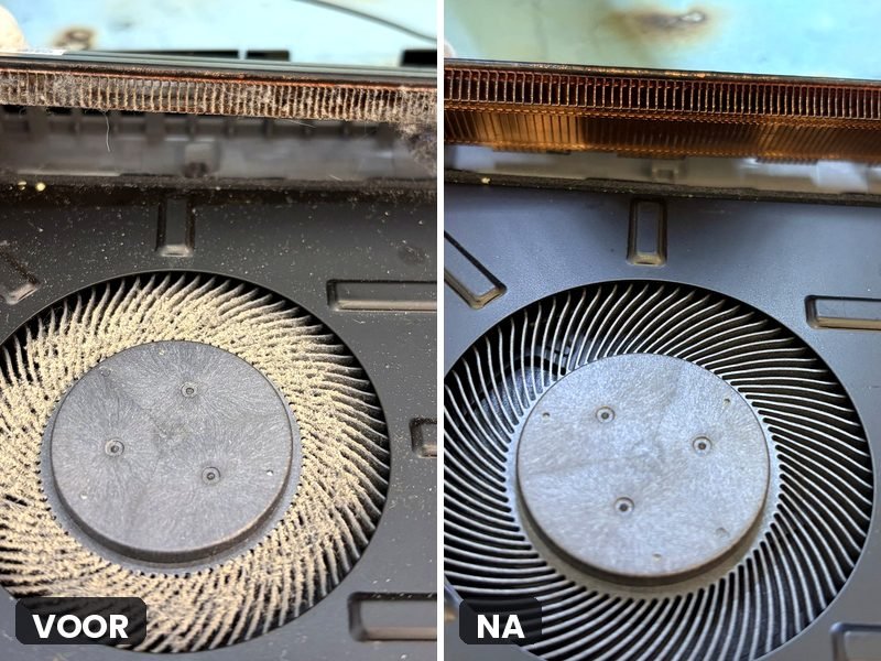 Laptopventilator dichtgeslibd met stof en dezelfde ventilator na reiniging