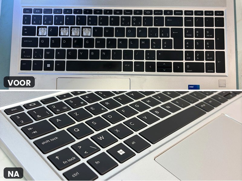 Toetsenbord met ontbrekende toetsen voor de herstelling en het nieuwe Belgische AZERTY-bord erna