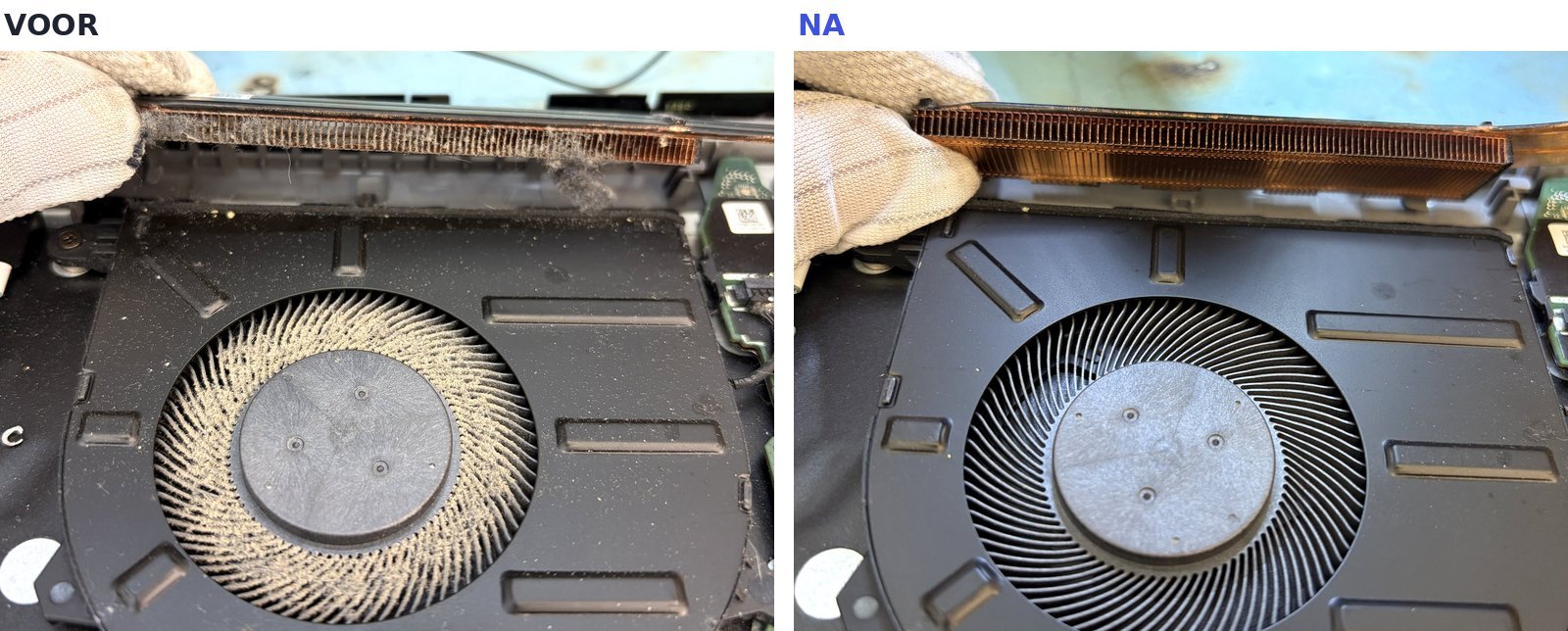 Laptopventilator en koelribben voor en na reiniging: links dichtgeslibd met stof, rechts volledig schoon